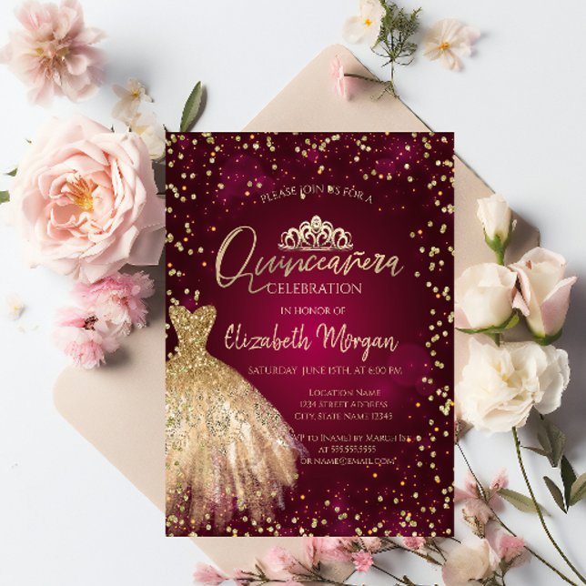 Gold Dress Tiara,Diamonds Burgundy Quinceañera Invitation (Creator Uploaded)