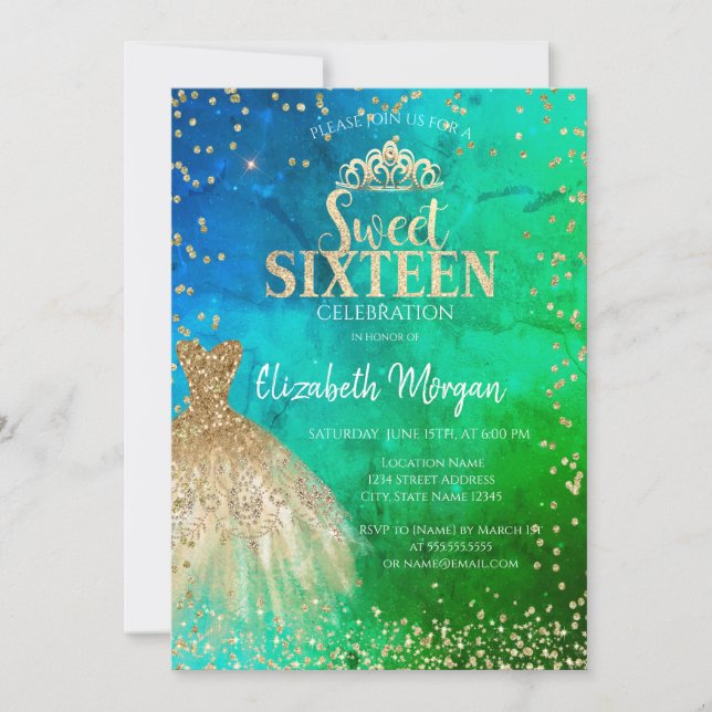  Gold Dress Tiara,Diamonds Green Blue Quinceañera Invitation (Front)