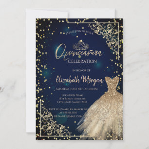 Gold Dress Tiara,Diamonds Navy Blue Quinceañera  Invitation
