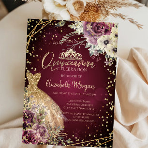 Gold Dress Tiara,Floral Burgundy Quinceañera  Invitation