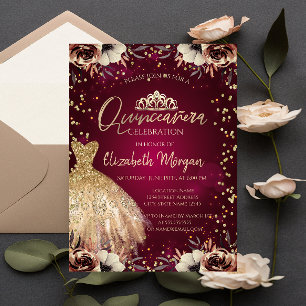 Gold Dress Tiara,Flowers Burgundy Quinceañera Invitation