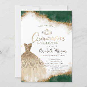 Gold Dress Tiara,Green Glitter Quinceañera Invitation