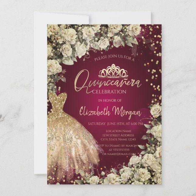 Gold Dress Tiara,Roses Burgundy Quinceañera Invitation (Front)