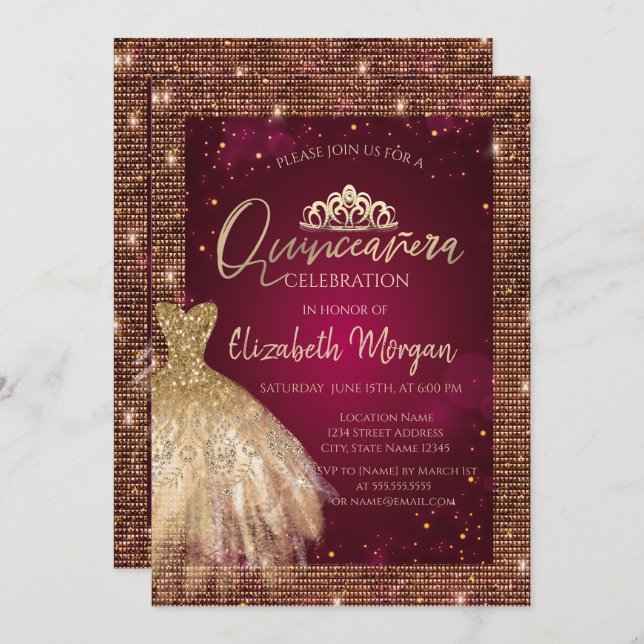 Gold Dress Tiara,Sequins Burgundy Quinceañera  Invitation (Front/Back)
