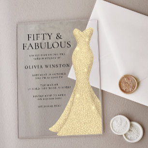 Gold Dress Womans 50th Birthday Party Acrylic Invitations