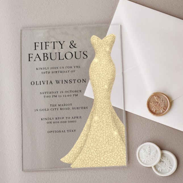 Gold Dress Womans 50th Birthday Party Acrylic Invitations (Creator Uploaded)