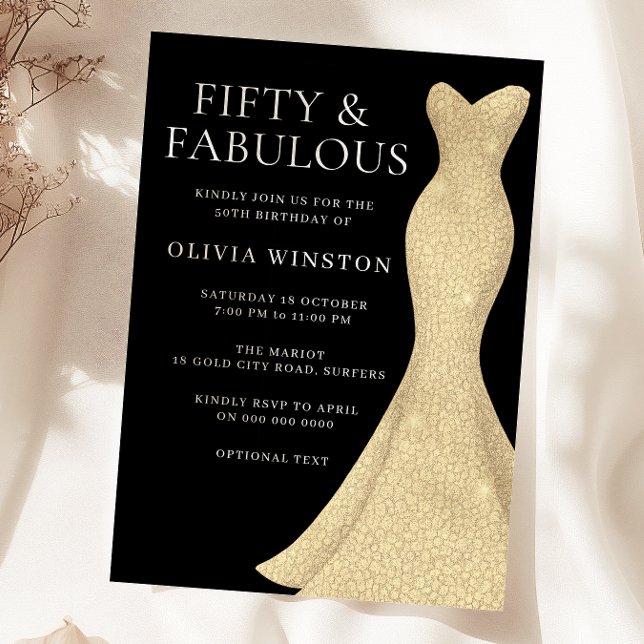 Gold Dress Womans 50th Birthday Party Black Invitation (Creator Uploaded)