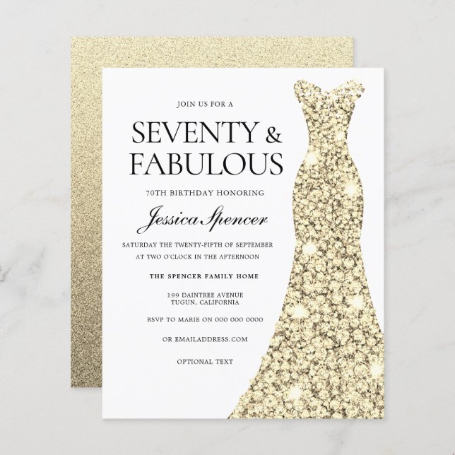 Gold Dress Womans 70th Birthday Budget Invite (Front/Back)