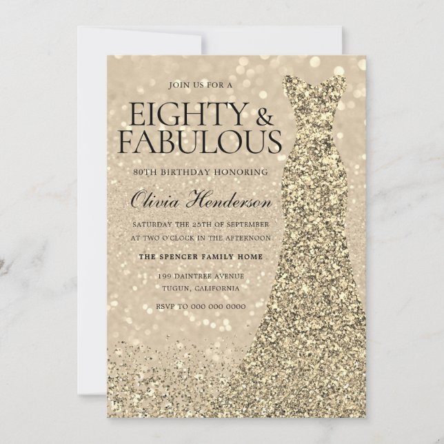 Gold Dress Womans 80th Birthday Party Sparkle  Invitation (Front)