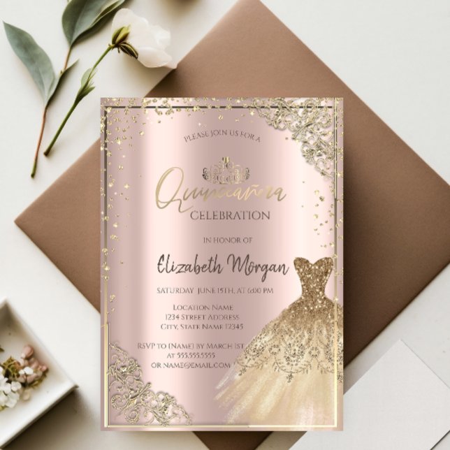  Gold DressTiara,Diamonds Rose Gold Quinceañera Invitation (Creator Uploaded)