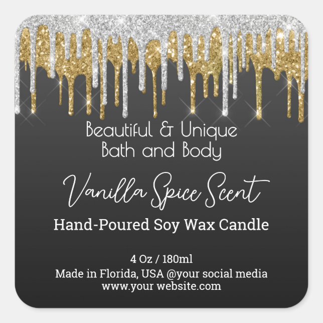 Gold Drip Glitter Bottle Candle Jar Product Label (Front)