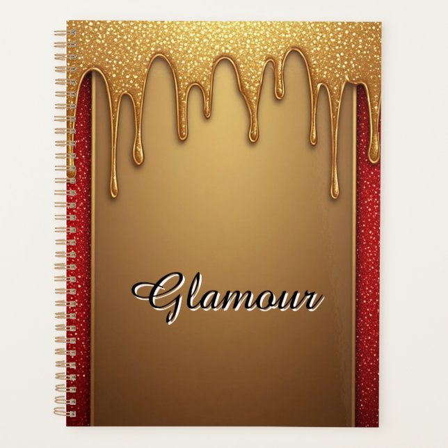 Gold Dripping Glitter Frame On Red Sparkle Backgro Planner (Front)