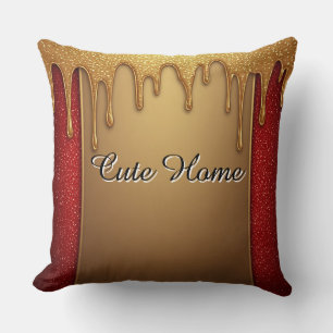 Gold Dripping Glitter Gift On Red Sparkle Backgro Cushion