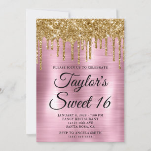Gold Dripping Glitter Light Pink Foil Sweet 16 Invitation