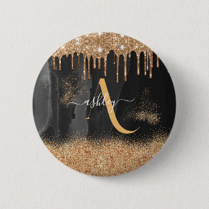 Gold Dripping Glitter Monogram Custom Metallic 6 Cm Round Badge