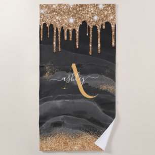 Gold Dripping Glitter Monogram Custom Metallic Beach Towel