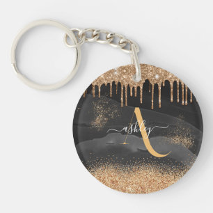 Gold Dripping Glitter Monogram Custom Metallic Key Ring