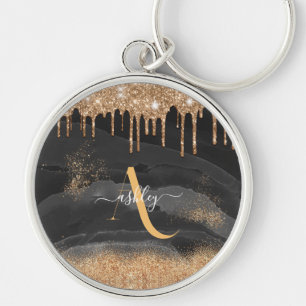 Gold Dripping Glitter Monogram Custom Metallic Key Ring