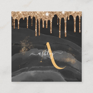 Gold Dripping Glitter Monogram Custom Metallic Square Business Card