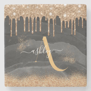 Gold Dripping Glitter Monogram Custom Metallic Stone Coaster