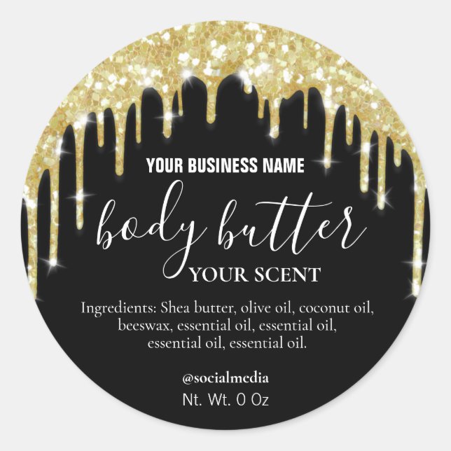 Gold Dripping Glitter On Black Body Butter Labels (Front)
