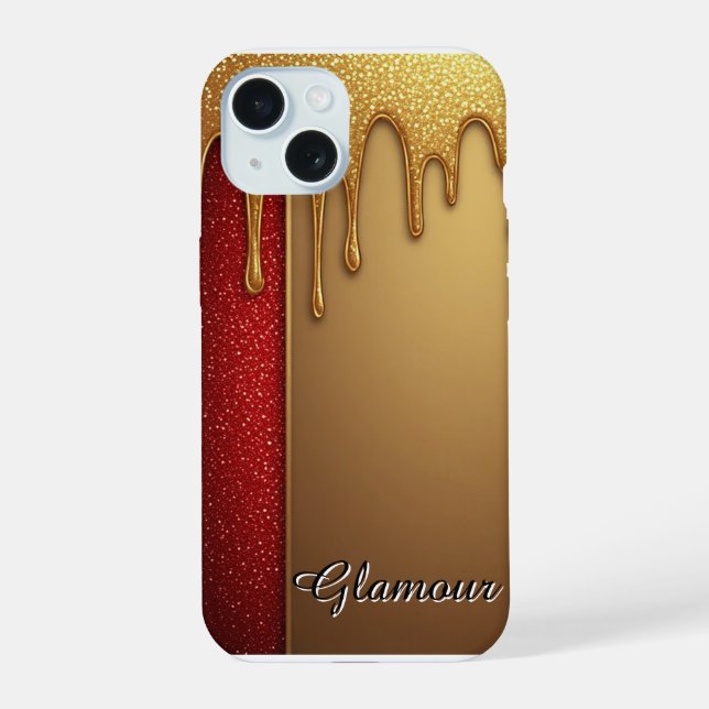 Gold Dripping Glitter Red Glam Holiday Gift iPhone 15 Case (Back)