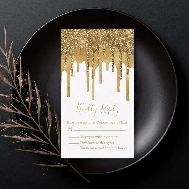  gold dripping glitters rsvp wedding note card (Creator Uploaded)