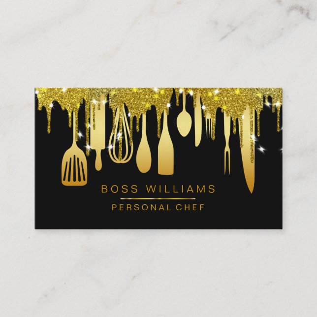 Gold Drips Catering Personal Chef Kitchen Utensils Business Card (Front)