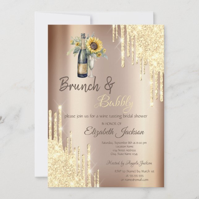  Gold Drips,Champagne,Sunflowers Bridal Shower Invitation (Front)