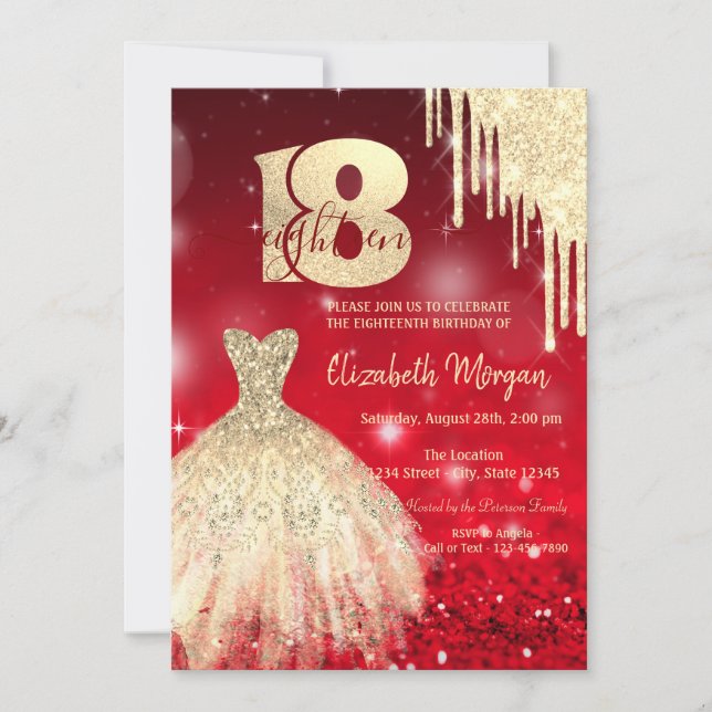  Gold  Drips Dress Red Bokeh 18th Birthday  Invitation (Front)