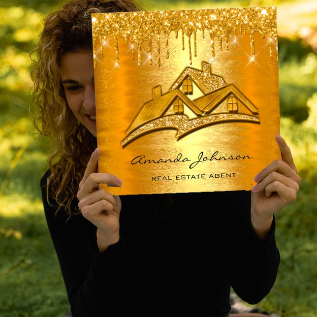 Gold Drips Logo House Real Estate Agent Luxury Square Business Card (Gold Drips Logo House Real Estate Agent Luxury Square Business Card)