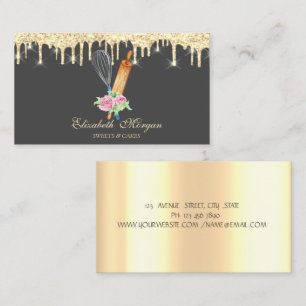 Gold Drips Rolling Pin Whisk Flowers Bakery Business Card