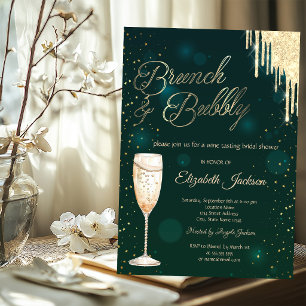 Gold Drips Wine Green Brunch & Bubbly Invitation