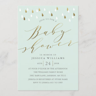 Gold drops and script baby shower invite in mint