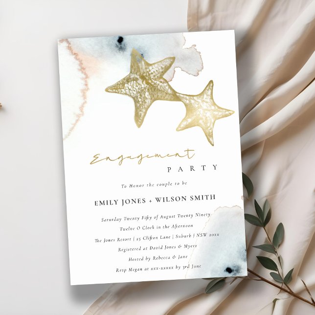 GOLD DUSKY BLUE BEACH STARFISH ENGAGEMENT INVITE (Creator Uploaded)