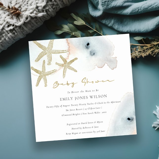 GOLD DUSKY BLUE BEACHY STARFISH BABY SHOWER INVITE (Creator Uploaded)