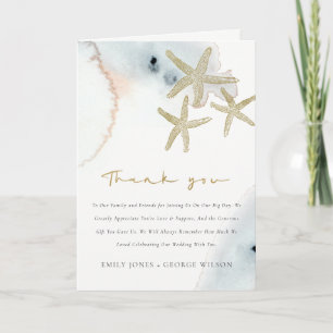 Gold Dusky Blue Beachy Starfish Baby Shower Thank You Card