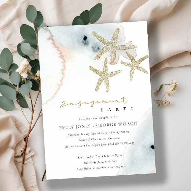 GOLD DUSKY BLUE BEACHY STARFISH ENGAGEMENT INVITE (Creator Uploaded)