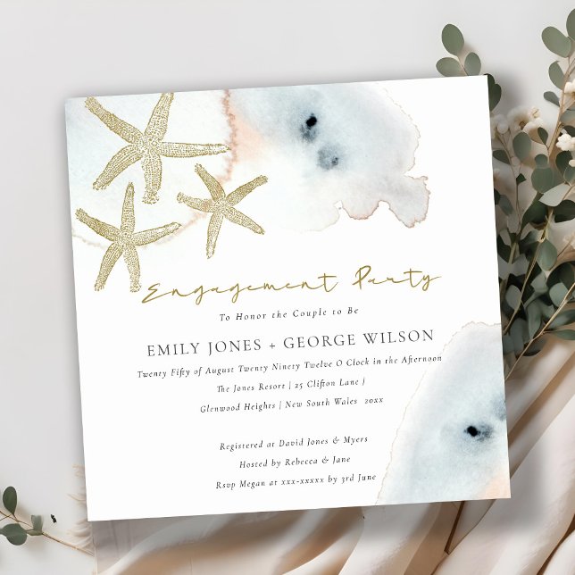 GOLD DUSKY BLUE BEACHY STARFISH ENGAGEMENT INVITE (Creator Uploaded)