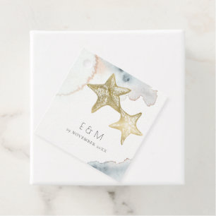 GOLD DUSKY BLUE BEACHY STARFISH MONOGRAM WEDDING FAVOUR TAGS