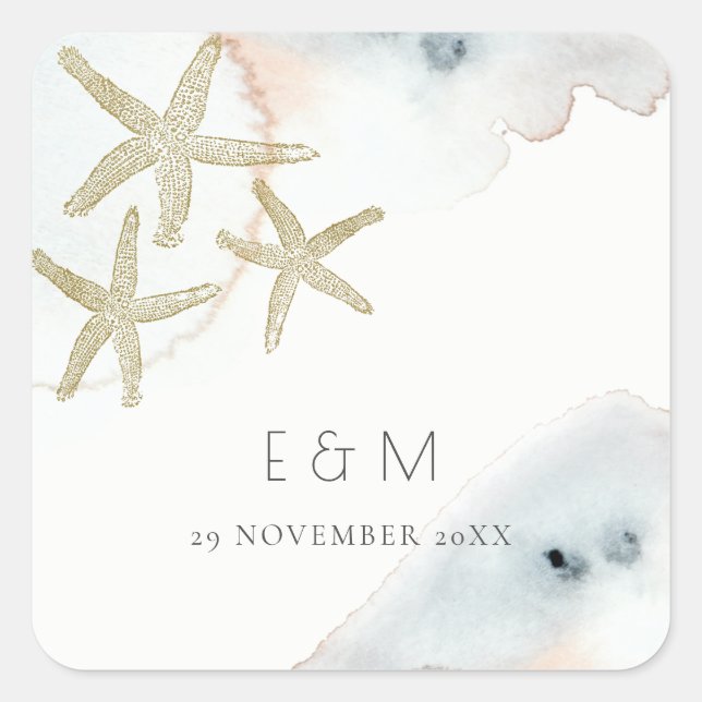 GOLD DUSKY BLUE BEACHY STARFISH MONOGRAM WEDDING SQUARE STICKER (Front)