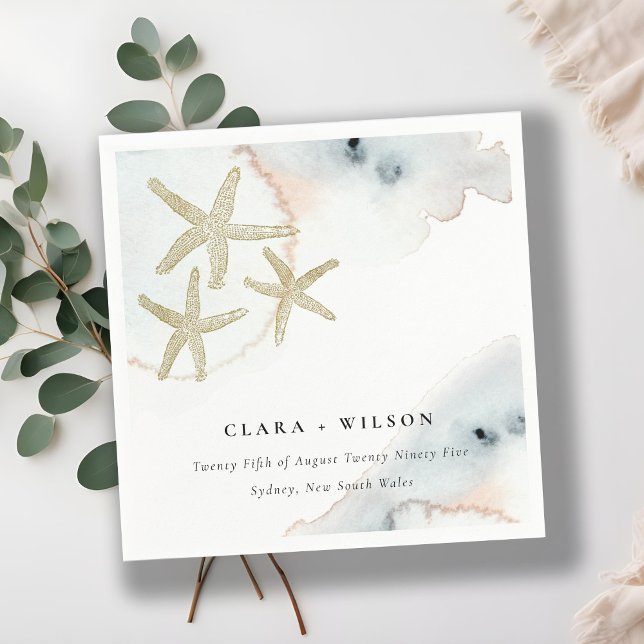 Gold Dusky Blue Beachy Starfish Watercolor Wedding Napkin (Creator Uploaded)