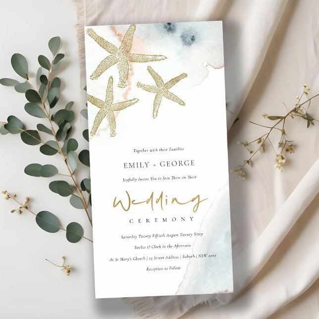 GOLD DUSKY BLUE BEACHY STARFISH WEDDING INVITE (Creator Uploaded)