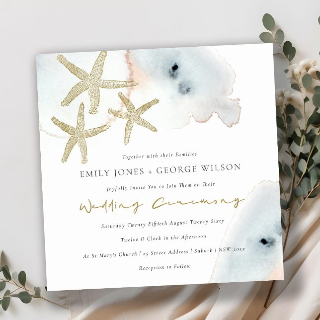 GOLD DUSKY BLUE BEACHY STARFISH WEDDING INVITE (Creator Uploaded)