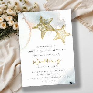 GOLD DUSKY BLUE BEACHY STARFISH WEDDING INVITE