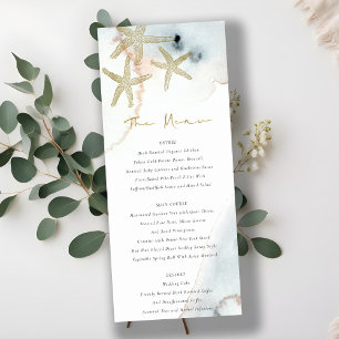 Gold Dusky Blue Beachy Starfish Wedding Menu Card