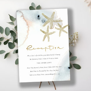 GOLD DUSKY BLUE BEACHY STARFISH WEDDING RECEPTION ENCLOSURE CARD