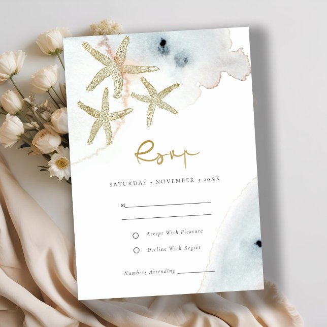 GOLD DUSKY BLUE BEACHY STARFISH WEDDING RSVP ENCLOSURE CARD (Creator Uploaded)
