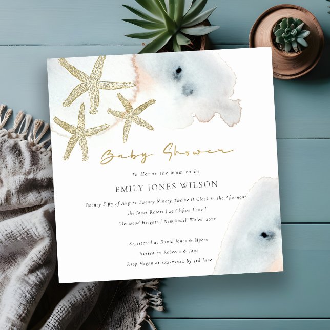 Gold Dusky Blue Peach Beachy Starfish Baby Shower Invitation (Creator Uploaded)