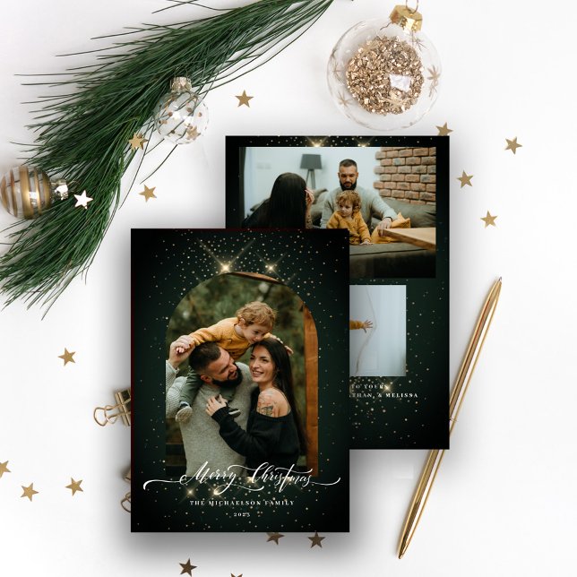 Gold Dust 3-Photo Pine Green Merry Christmas Holiday Card (Creator Uploaded)